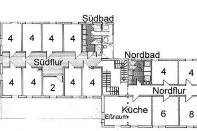 Lageplan - 1. Stock: Schlafräume, Bäder und Kleingruppenküche