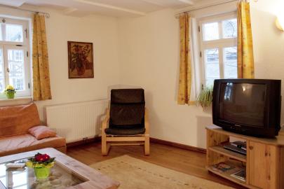 Das Wohnzimmer mit Eckcouch, die 2 Schlafmöglichkeiten bietet und TV.