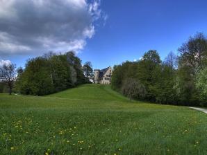 Weitläufige Wiesen, oberhalb das Schloss Rosenau