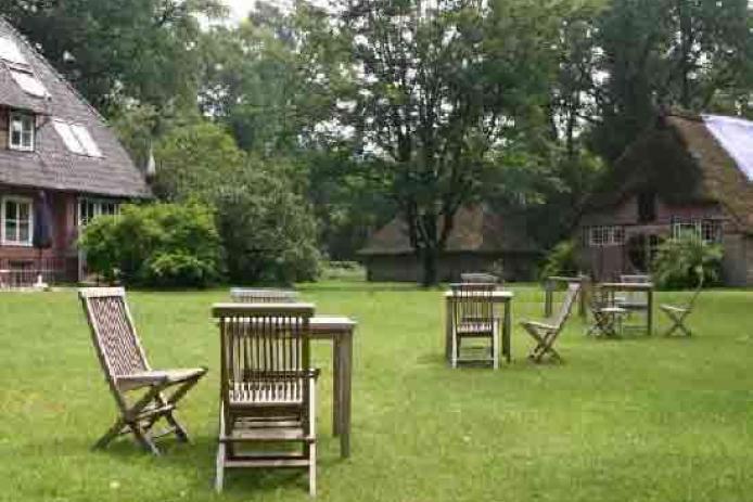Wiese hinter Gästehaus, mit Tanzhaus und Schuppen