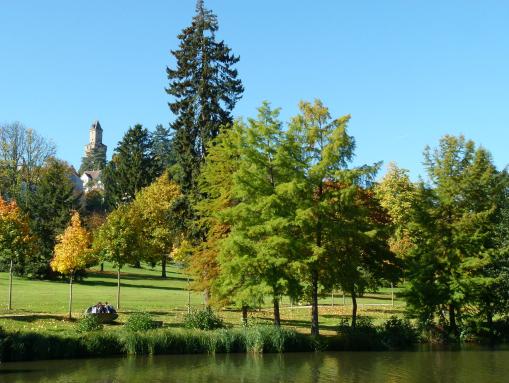 Viktoria-Park: Schillerweiher mit Burgblick