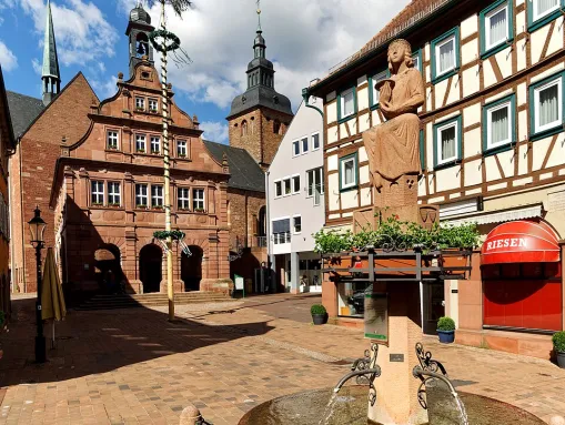 Marktplatz mit Marktbrunnen und dem Alten Rathaus. Direkt dahinter die Stadtpfarrkirche