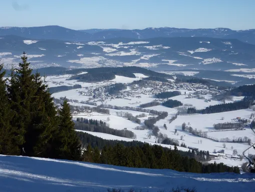 Blick vom Pröllergipfel (Sankt Englmar) auf das verschneite Dorf Kollnburg