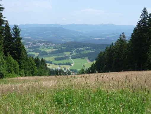 Blick vom Hochpröller auf die Bergrücken des Bayerischen Waldes. Im Hintergrund Kollnburg.
