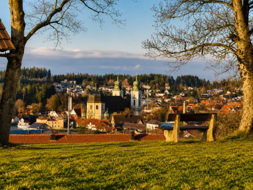 Blick auf Lindenberg und die markante katholische Stadtpfarrkirche St. Peter und Paul