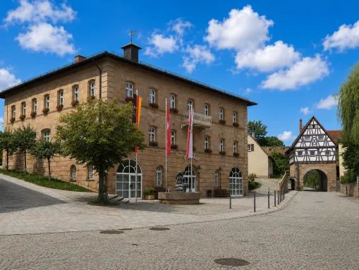 Das Pleinfelder Rathaus, rechts das historische Spalter Tor   